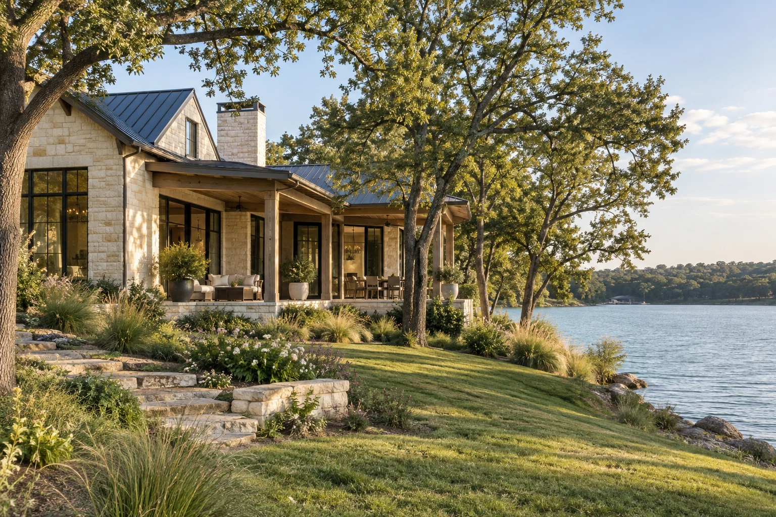 Limestone lake house with a shaded porch beside calm water — architectural concept