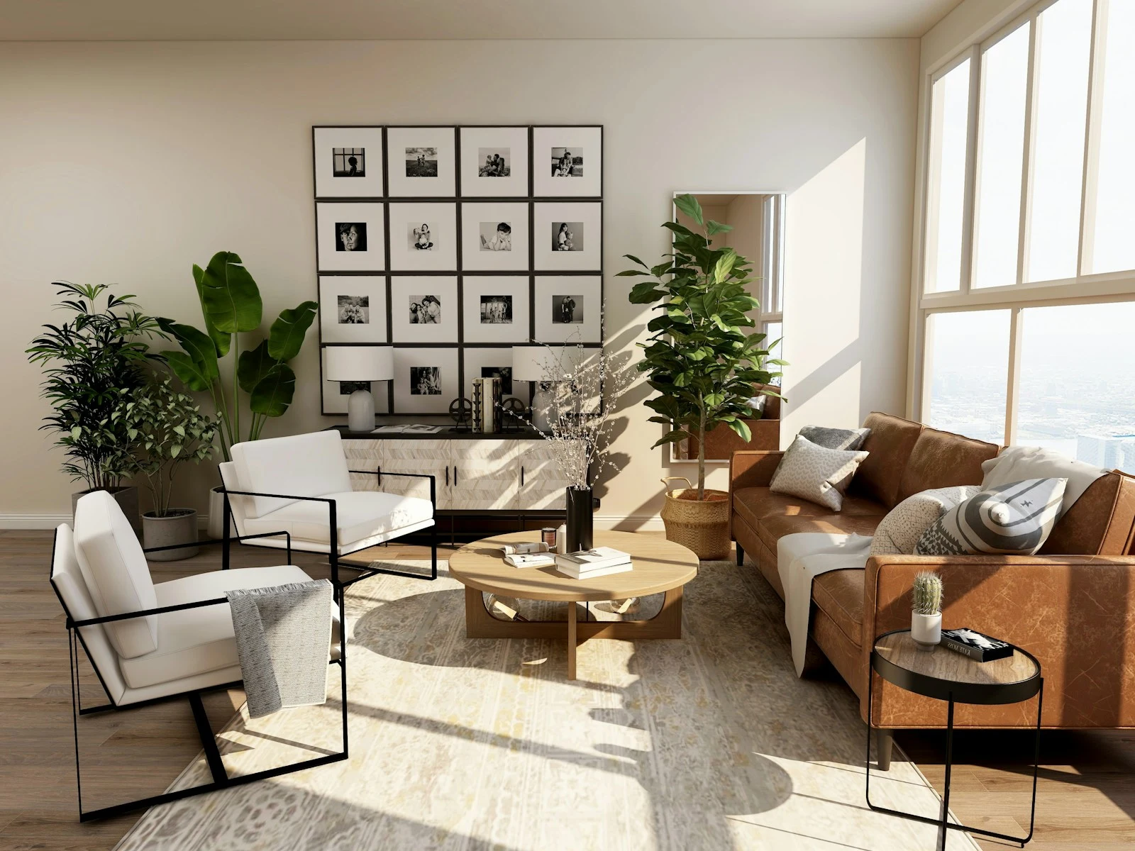 Sunlit living room with natural wood, warm leather and generous windows — design inspiration